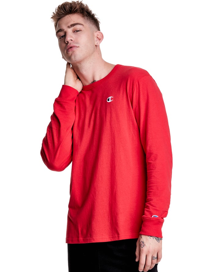 Champion T-Shirt Heren - Rood - Long-Sleeve Lightweight C Logo ( 179538-XER )